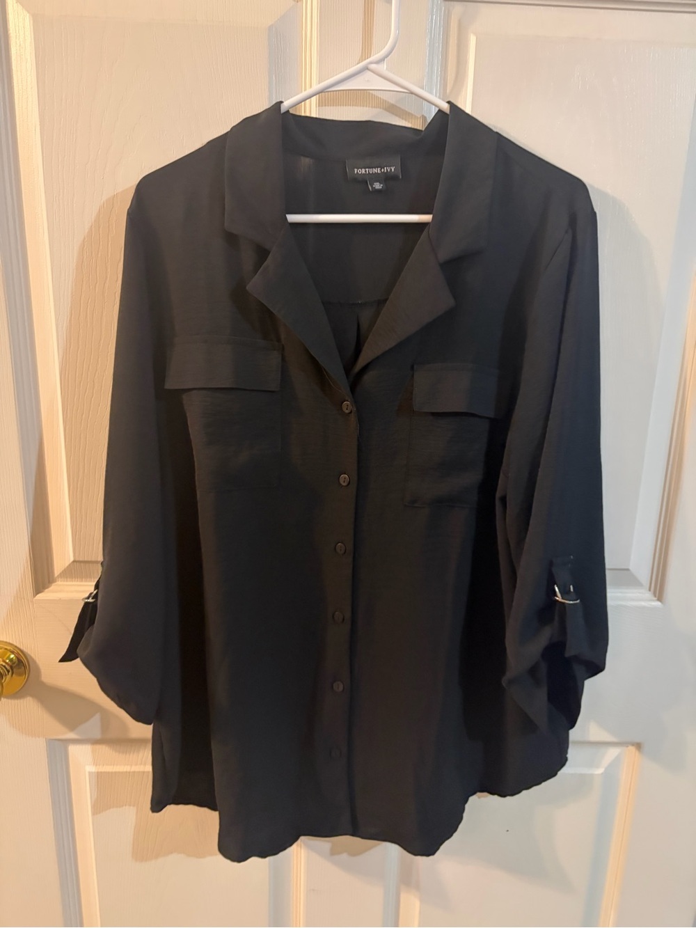 Fortune + Ivy XXL Black Utility Button Down Blouse Roll Tab Sleeves